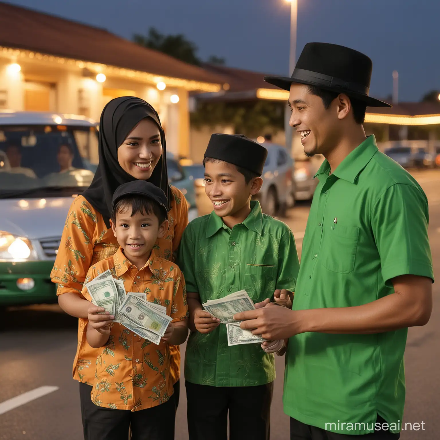 Very realistic, a Malay family is chatting with their child while holding an envelope of money. a cheerful and smiling face. wearing a green malay shirt and a black hat. background in the car. There are many cars and trucks on the road. place on the road. there is an orange light behind. canon eos-id x mark iii dslr --v 6.0
