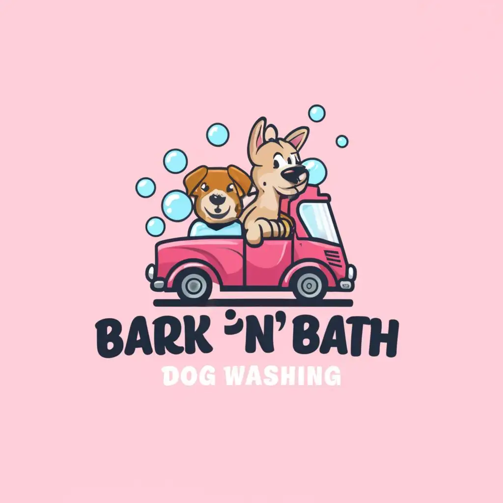 a logo design,with the text "Bark 'n' Bath Dog Washing", main symbol:Dog in a car, pink,complex,clear background