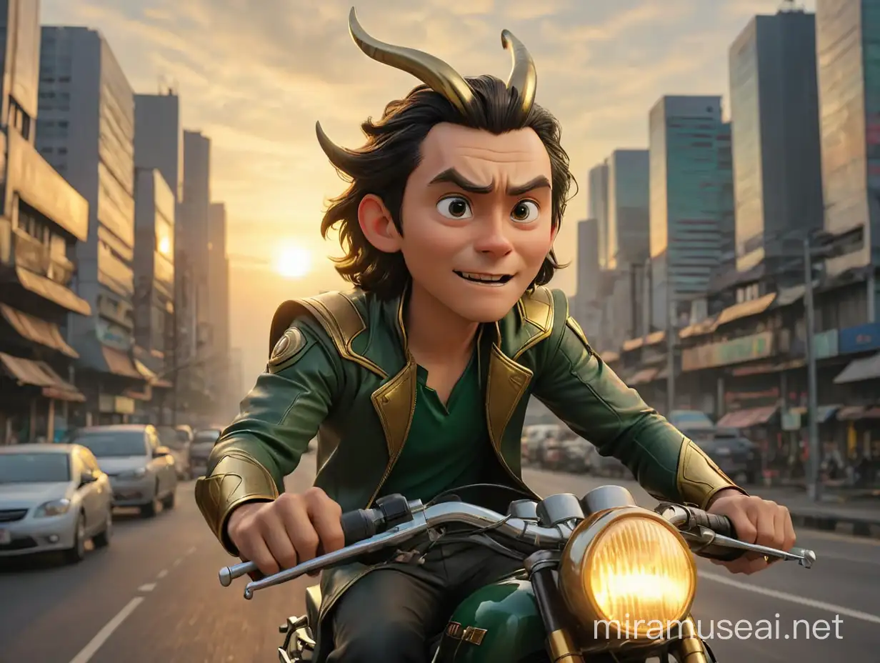 Give me a realistic caricature image of loki from marvel cinematic universe. His expression is full of spirit and passion, the head is a little bigger than his body and he wear his gold horns above his head. In this picture he's riding a motorbike in jakarta road in the evening. He ride a bike with a lot of tall building around him and there is sunset behind. There is a busway on the road and also cars. He is enjoy the view of jakarta. The image is from the side with the camera slightly upwards. the image is full