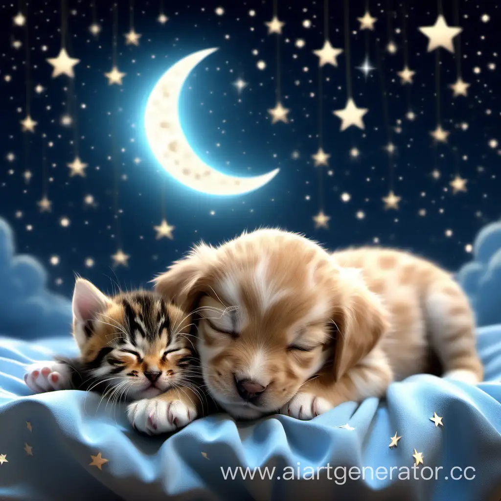 Adorable-Puppy-and-Kitten-Sleeping-Under-the-Starry-Night-Sky