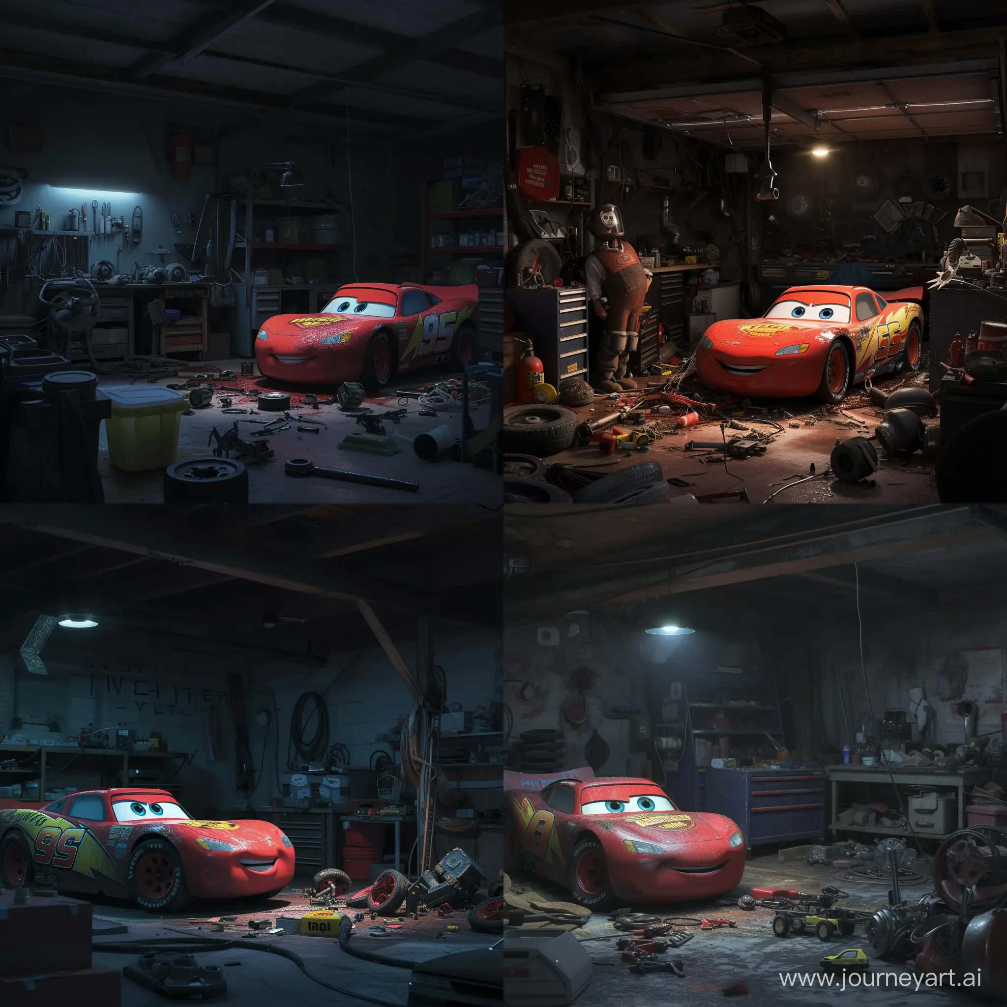 В очень темном гараже стоит сломанный Lighting McQueen  а рядом стоит его механик, по полу разбросаны различные детали