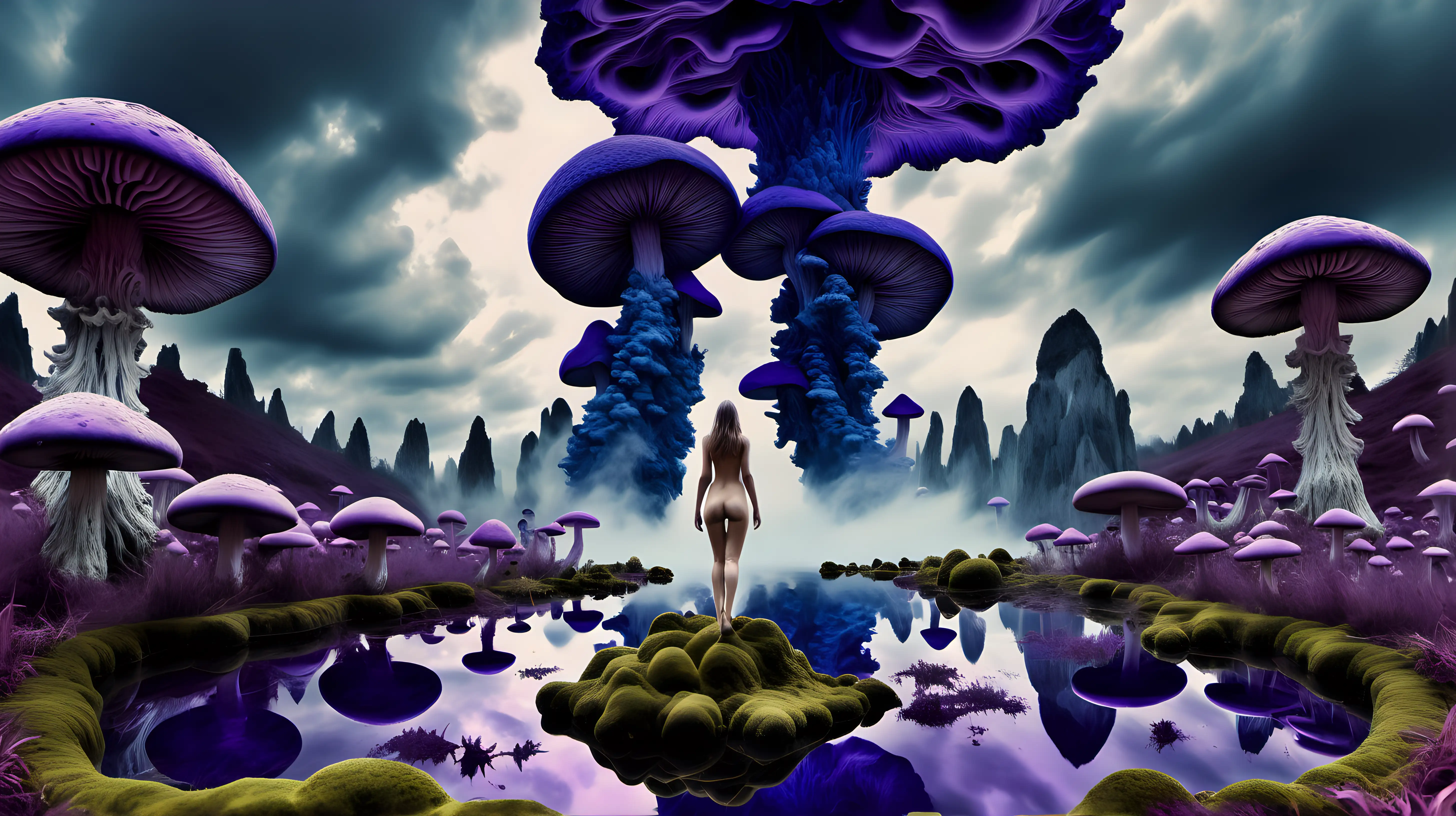 Psychedelic landscape, crystalline purplish indigo mineral clouds, with nude woman ascending up into the sky, Moss, massive mushrooms, and water on the ground, taken with DSLR camera, vast, realistic lighting
