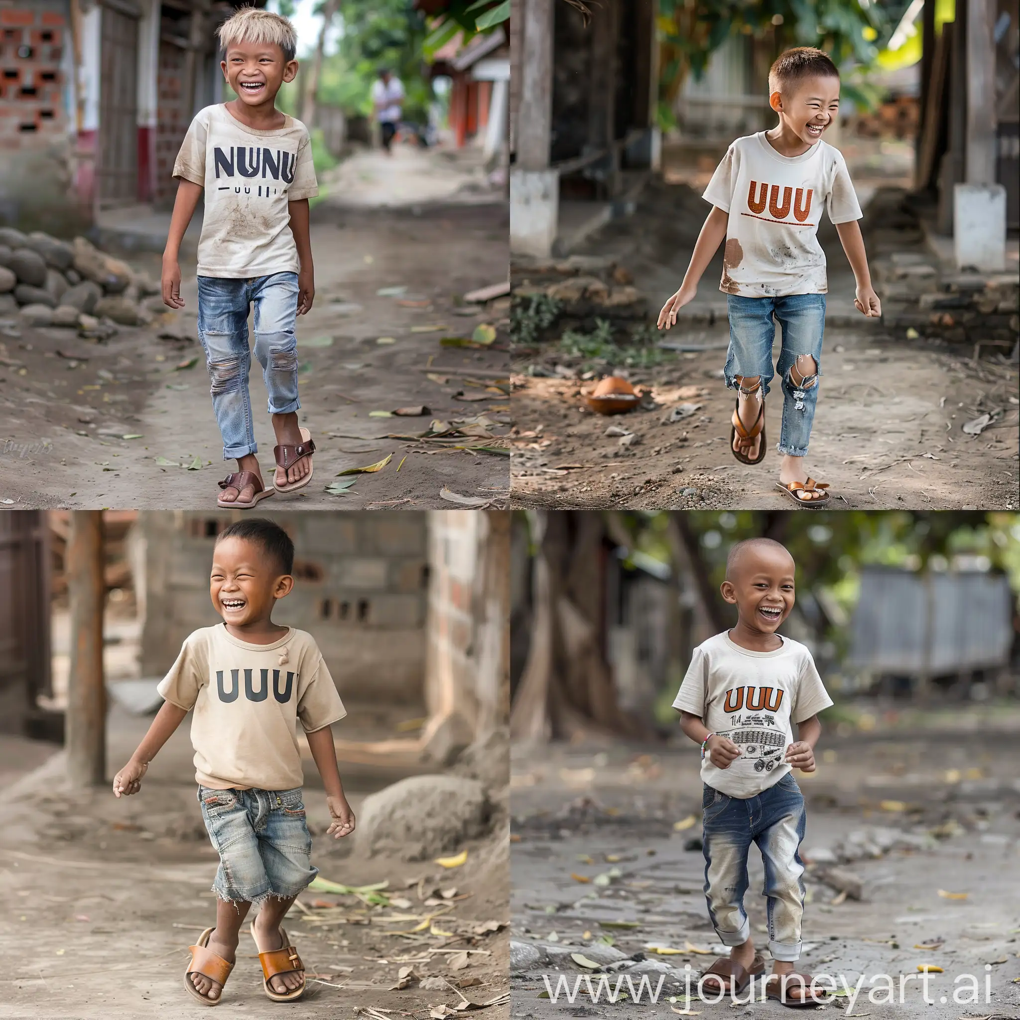 Indonesian boy, 14 years old, fair skin, bright eyes, wearing a T-shirt that says "NUNU", short jeans and leather sandals, laughing walking in the village, very realistic HD