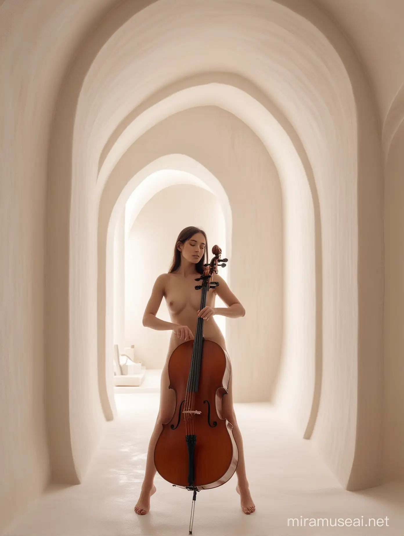 Naked Woman Playing Cello in Minimalist Dome Space