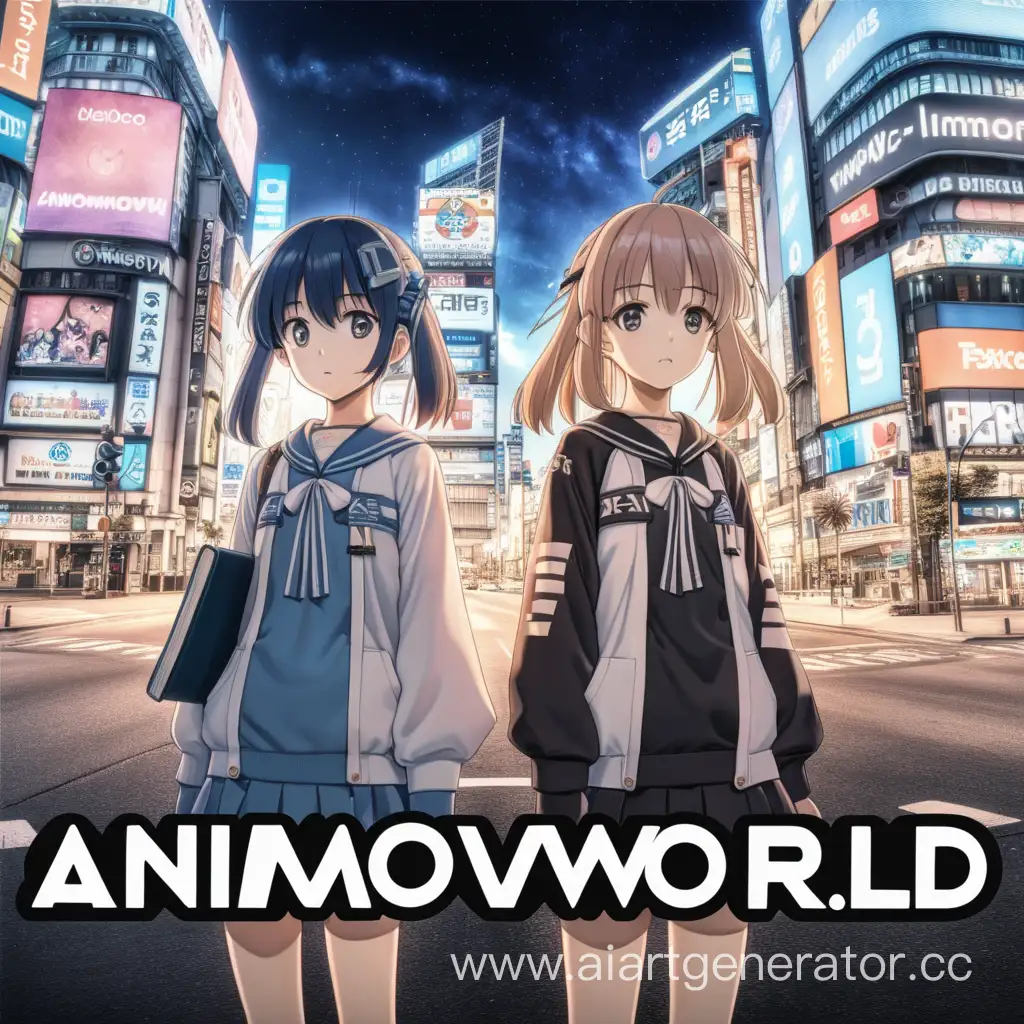 две аниме девушки по краям изображения, а по середине картинки различимый текст AnimoWRLD