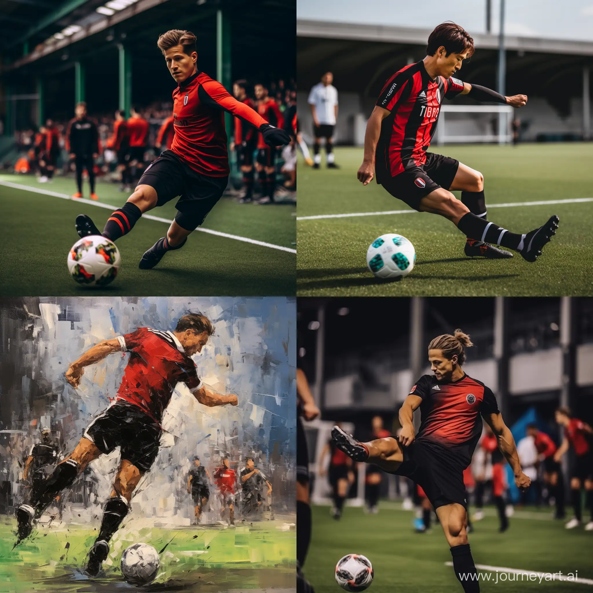 Striking-Goal-in-Red-and-Black-Soccer-Attire-FreeKick-Action