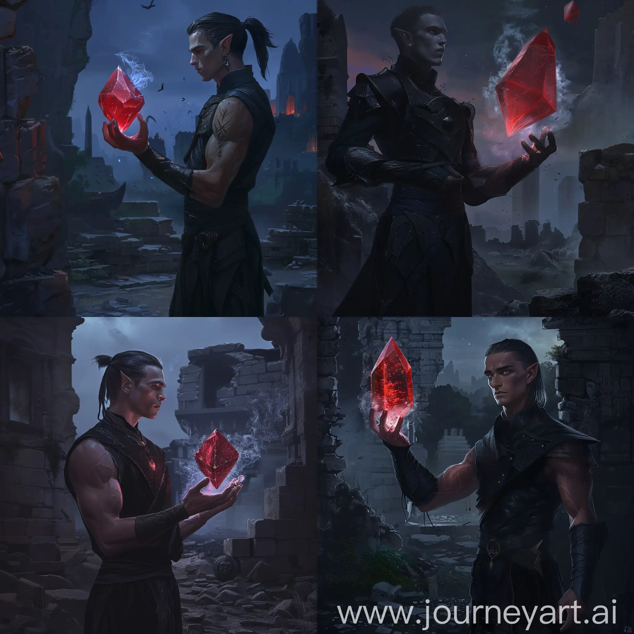 dark half-elf pol human, wearing black outfit, holding a red crystal in his hand with mist inside, night, ruins, dark fantasy, 4k, digital art