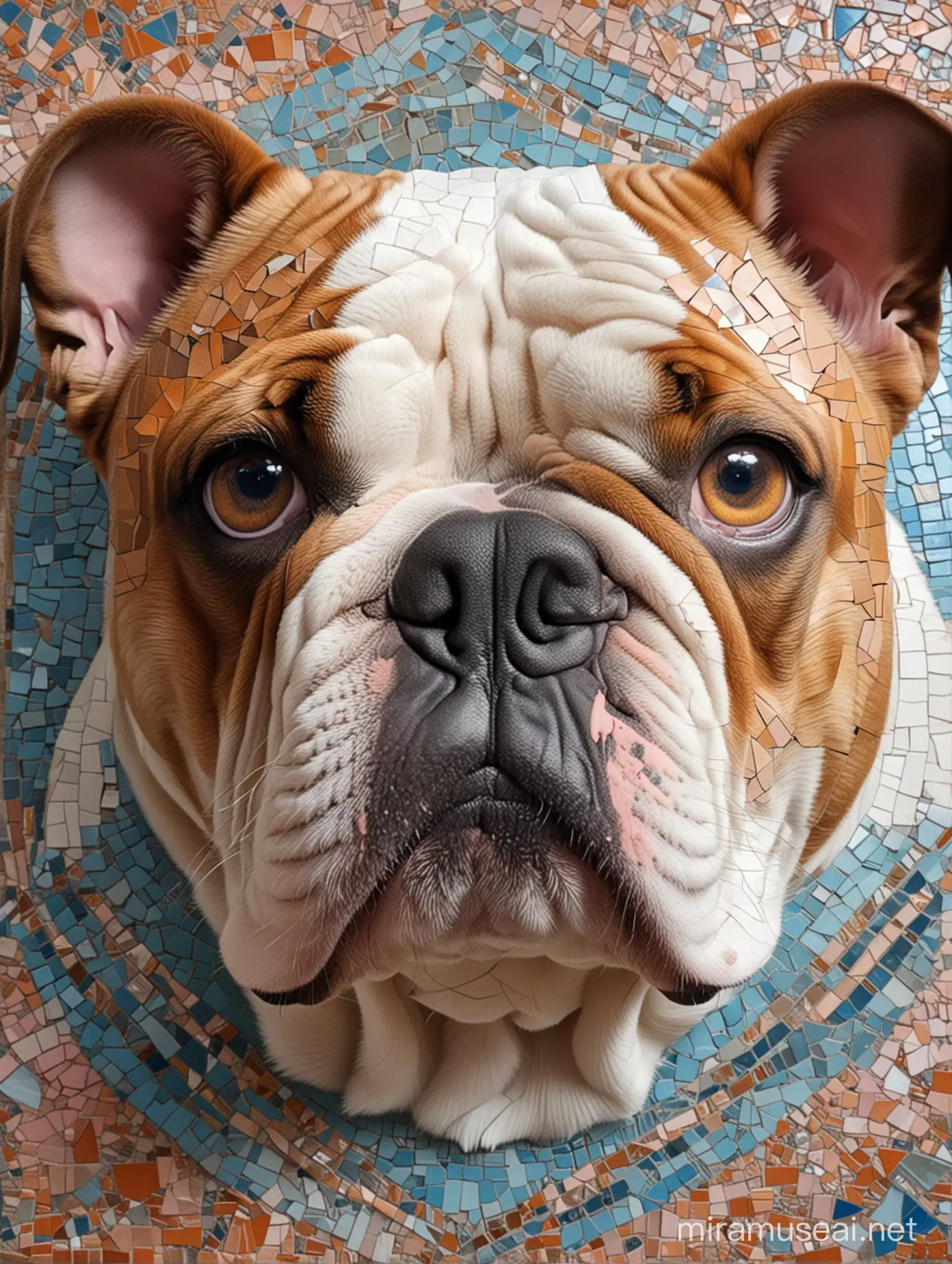 A close-up portrait of a bulldog face in a mosaic collage style. The dog is facing forward symmetrically with her blue eyes being the most detailed, making direct contact with the viewer. depicted with warm tones of orange and brown, contrasting with cool tones of blue and gray in the shards. The geometric shapes composing her face resemble shattered glass or tiles, with dynamic textures and varied colors. Her lips are slightly parted, in a soft pink hue, adding a natural touch to the abstract and angular composition.