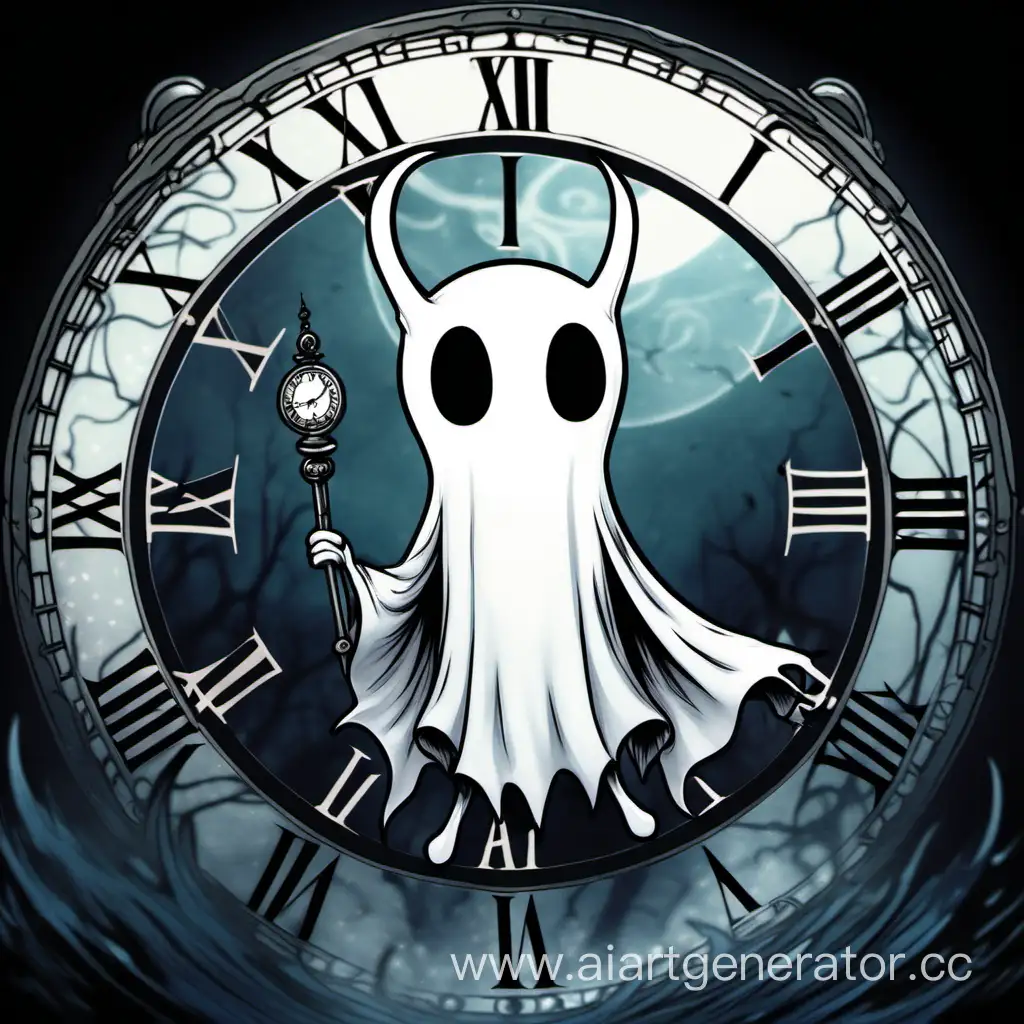 Ghost from Hollow Knight with a clock in the background
