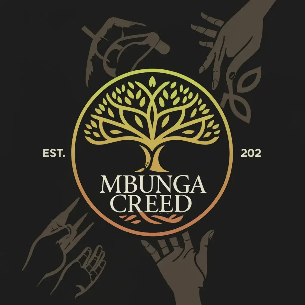 a logo design,with the text "Mbunga creed", main symbol:Stylized tree, magnifying glass, hands, sunrise,Moderate,clear background