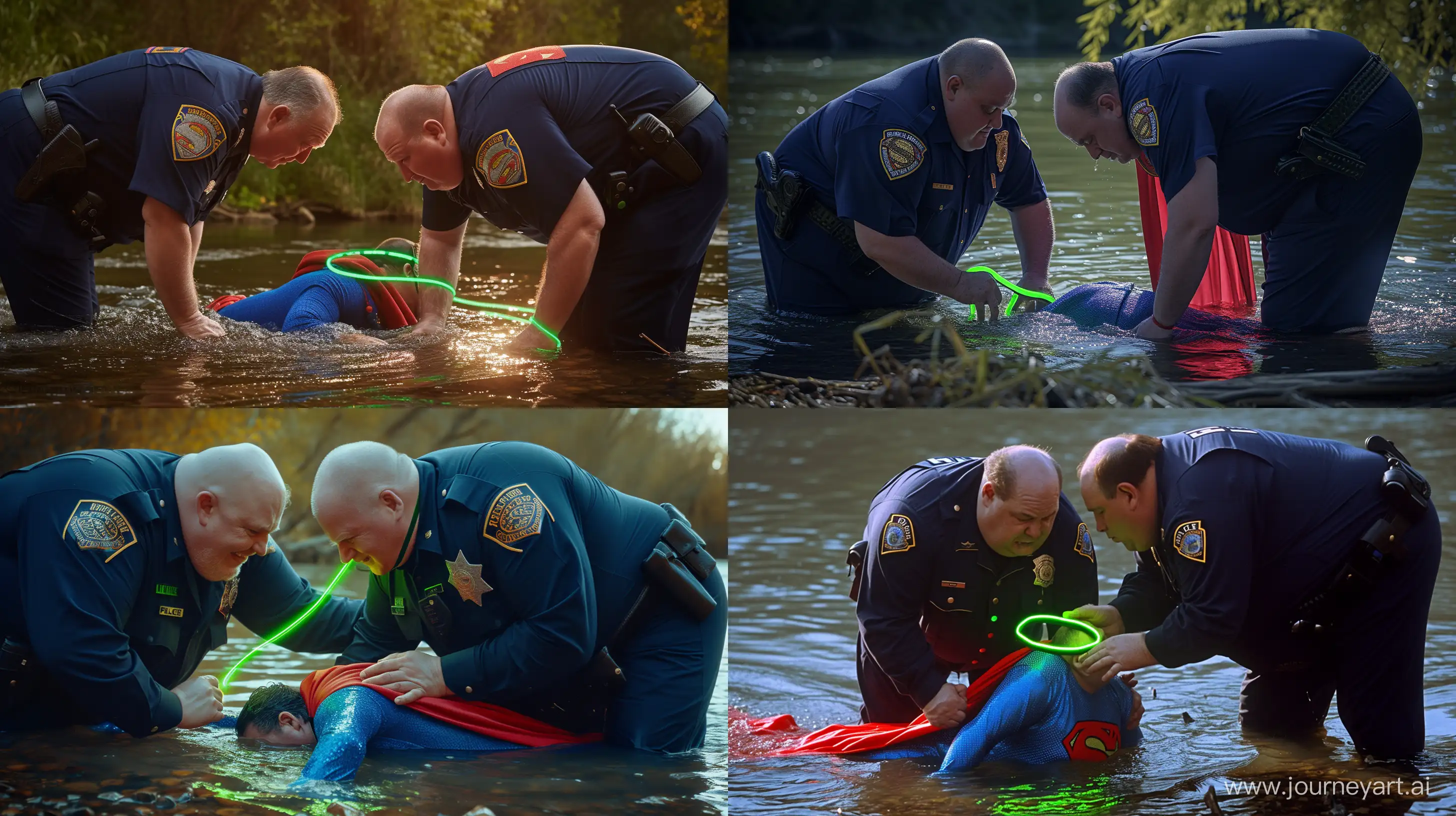 Close-up photo of two fat man aged 60 wearing navy police uniforms. Bending and putting a tight green glowing neon dog collar on the nape of a fat man aged 60 wearing a tight blue 1978 superman costume with a red cape crawling in the water. Natural Light. River. --style raw --ar 16:9