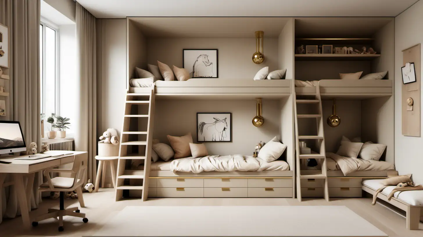 Grand minimalist kids shared bedroom; built in bunks; toys; desk and computer; art; beige; oak; brass colour palette; 


