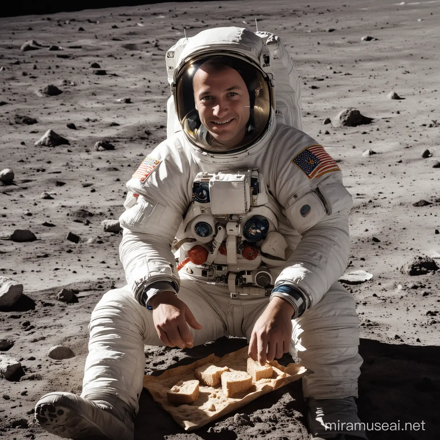 astronauts are sitting on the moon and they have bread and meat in their hands