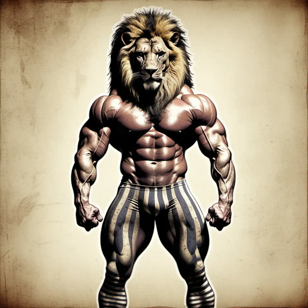 grunge bodybuilder lion wearing tights with vertical stripes
