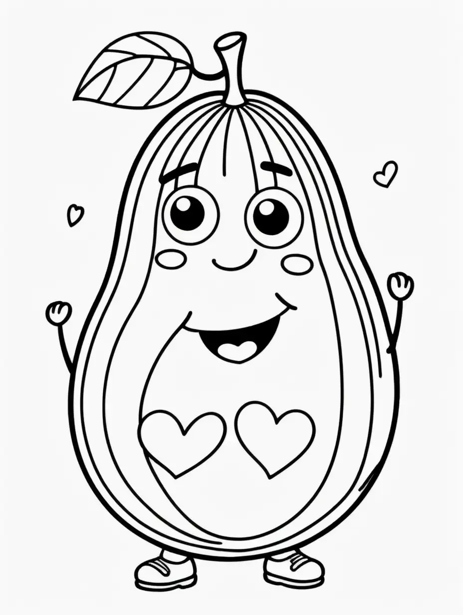 b/w outline art for kids coloring book coloring pages: 2 avocados with legs, smiling faces and hearts, cute, sweet, (((((white background))))). Only use outline, cartoon style, line art, coloring book, clean line art, sketch style, line art