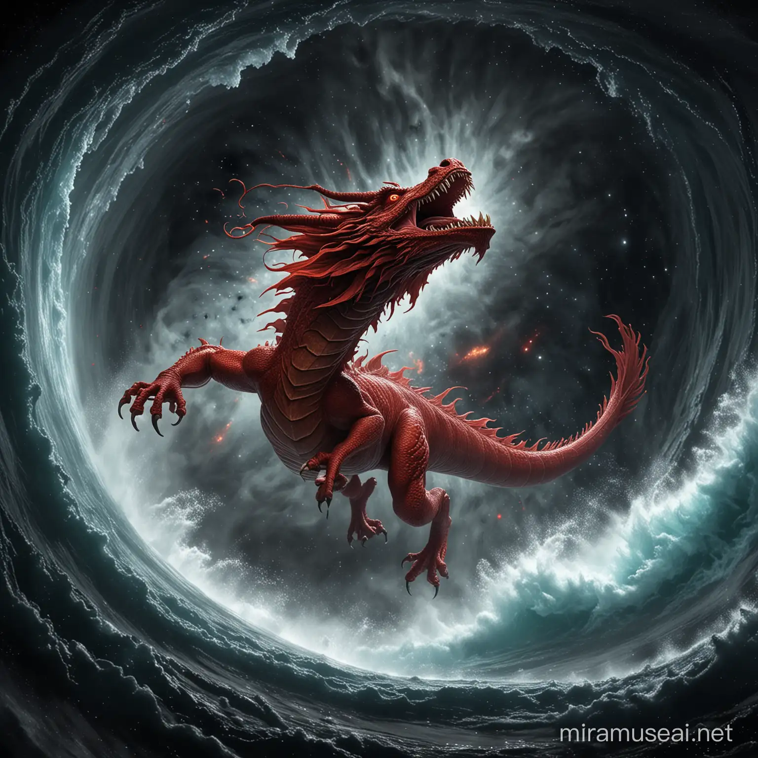 Roaring Red Chinese dragon flying out of the massive black hole whirlpool in the space. 
