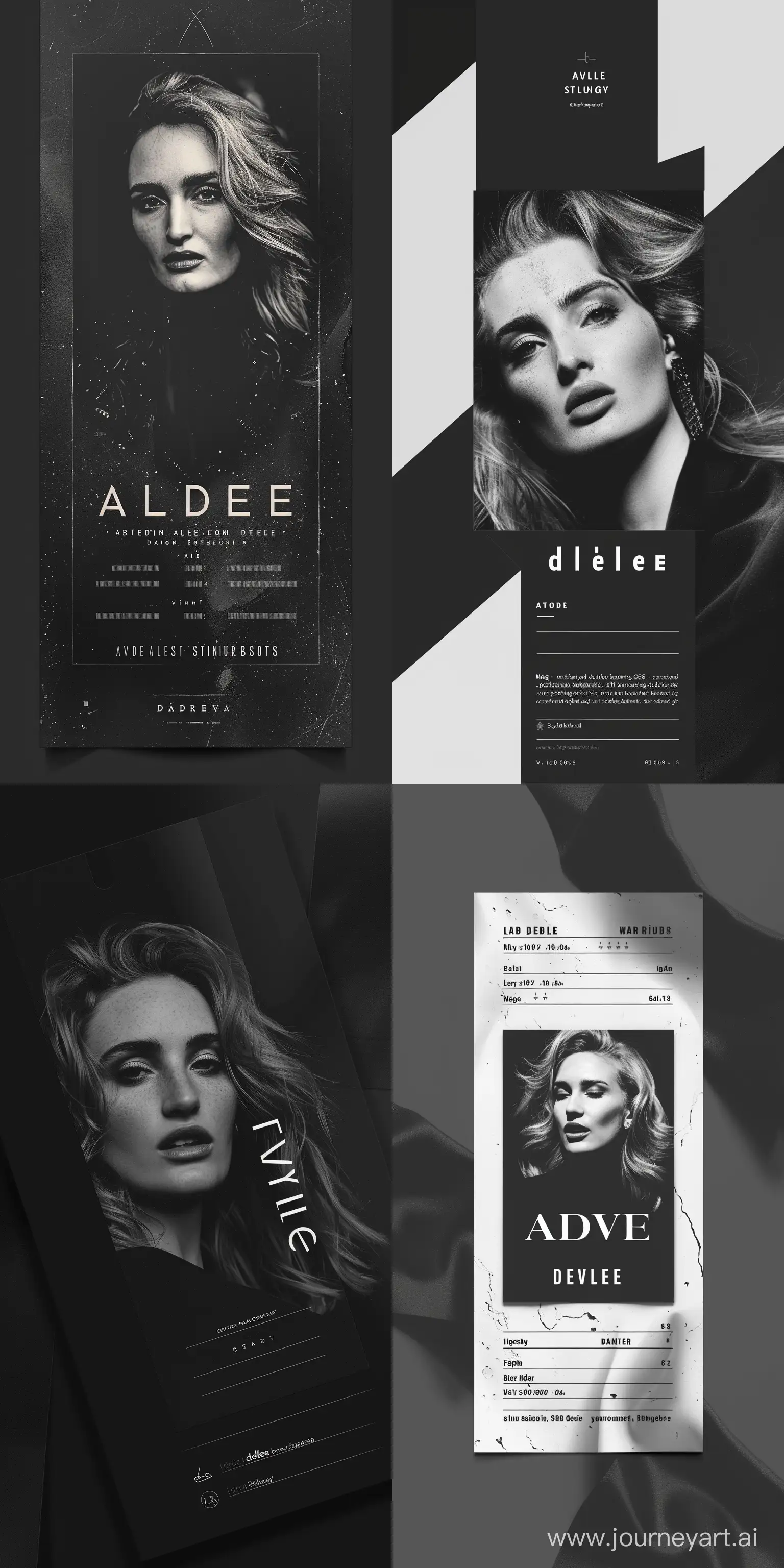 Make me a custom ticket template with fields for text for Adelle music show in Munich. I want it black and white with Adelle photo in background.

--v 6 --ar 2:4 --style raw