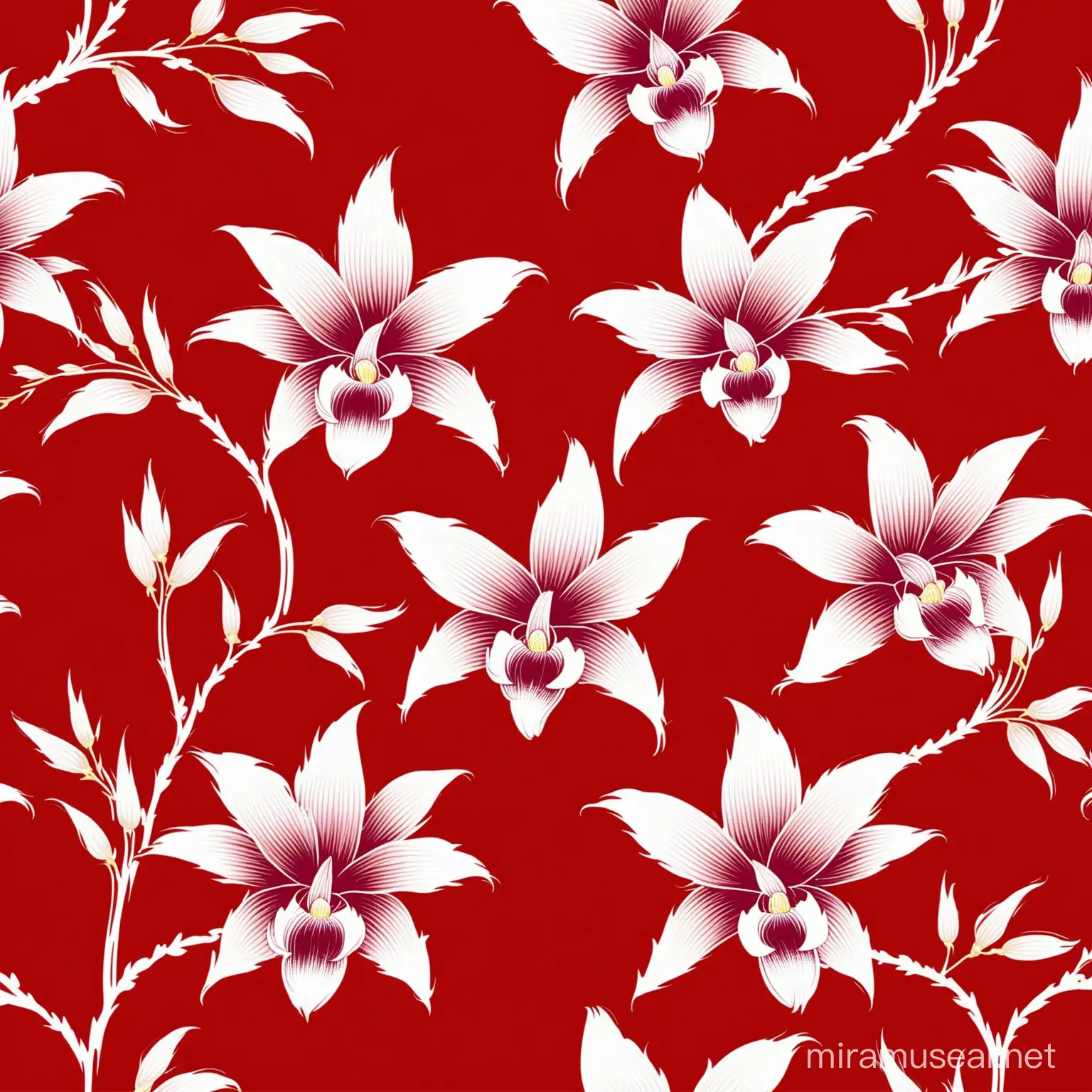 Traditional Chinese Minimalist Red Background with Double Dendrobium Pattern