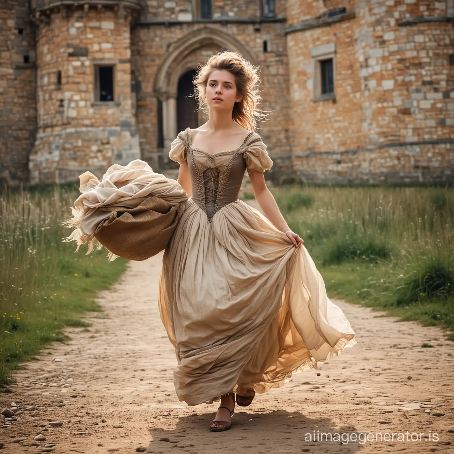sixteen year old wearing fancy ball gown dress dirty skin messy hair running from a castle.holding sack. 19th century europe.
