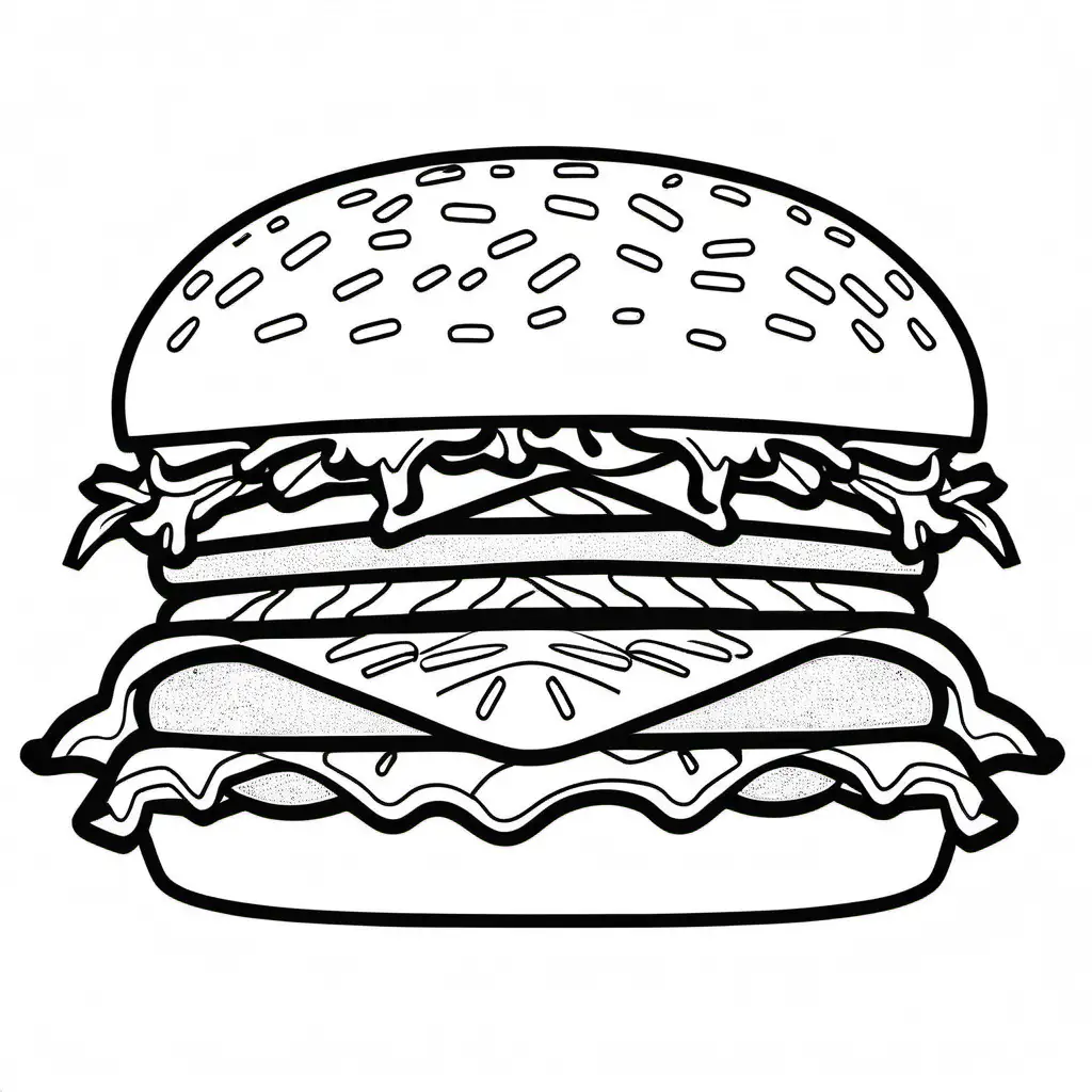 burger bold ligne and easy
, Coloring Page, black and white, line art, white background, Simplicity, Ample White Space. The background of the coloring page is plain white to make it easy for young children to color within the lines. The outlines of all the subjects are easy to distinguish, making it simple for kids to color without too much difficulty