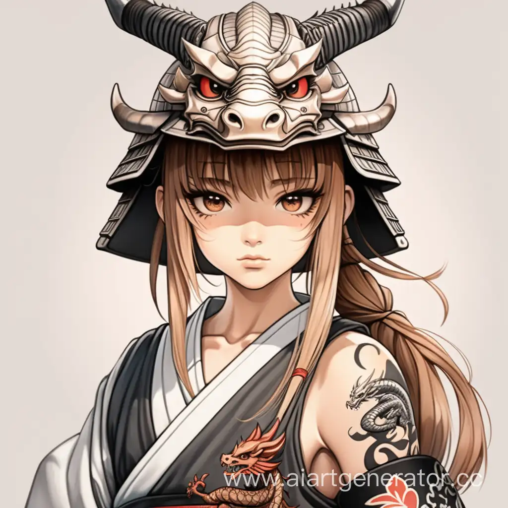 Красивая низкая аниме девушка с чёрными глазами, волосы в виде светлого каре в самурайских доспехах, на руке тату в виде дракона