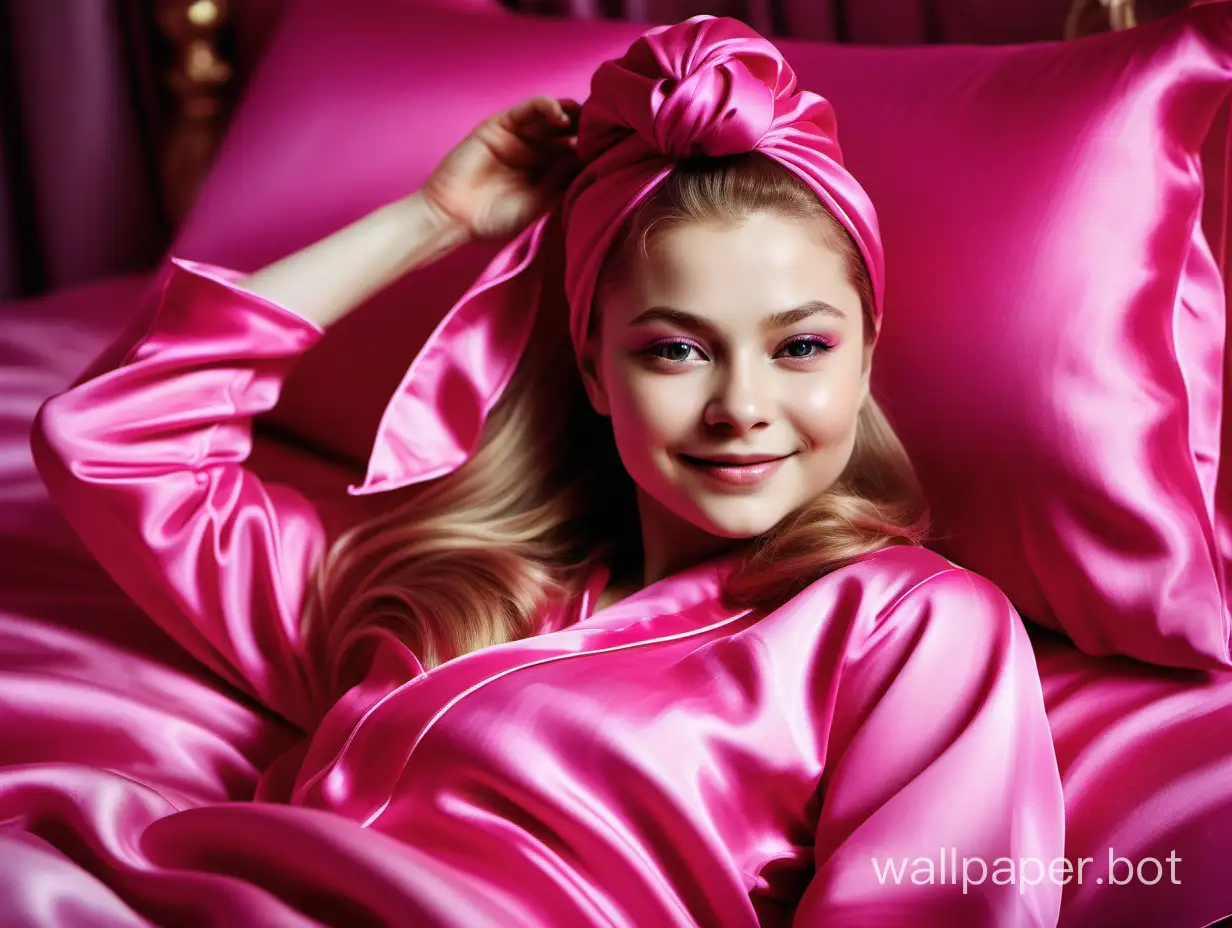 Yulia Lipnitskaya lies on a luxurious, sweet-pink silk bed, smiling beautifully with long silky hair in a silk pajama of fuchsia color with a pink silk towel turban on her head
