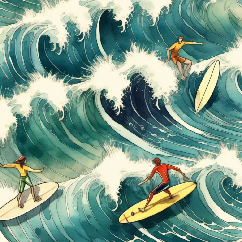I need a cartoon illustration of surfers at sea, an original illustration, perhaps a watercolor, top view