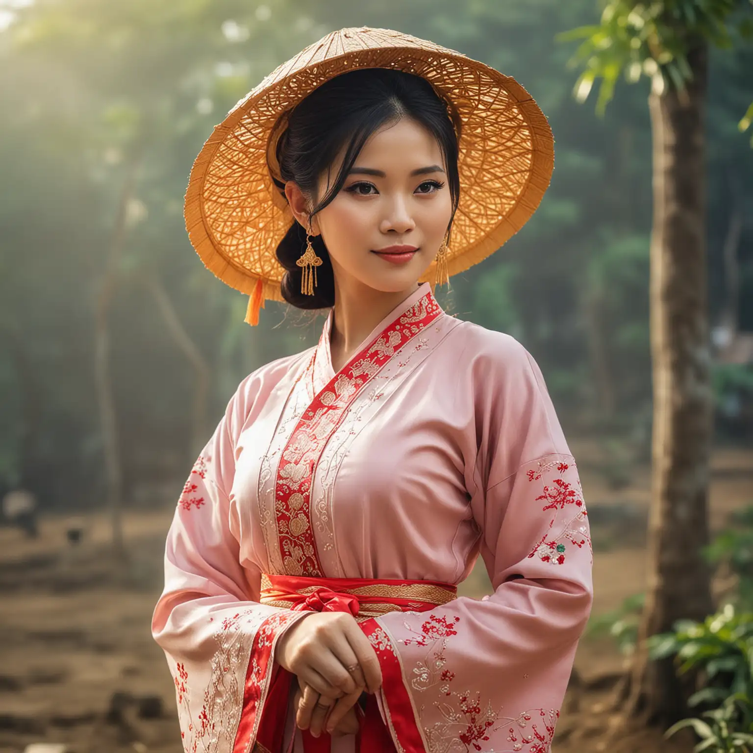 Vietnamese Woman in Traditional Dress Walking Through Rice Fields