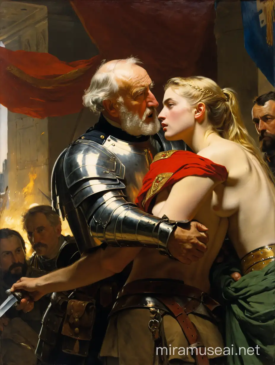 Dramatic Painting Old Man Defending Wounded Female General