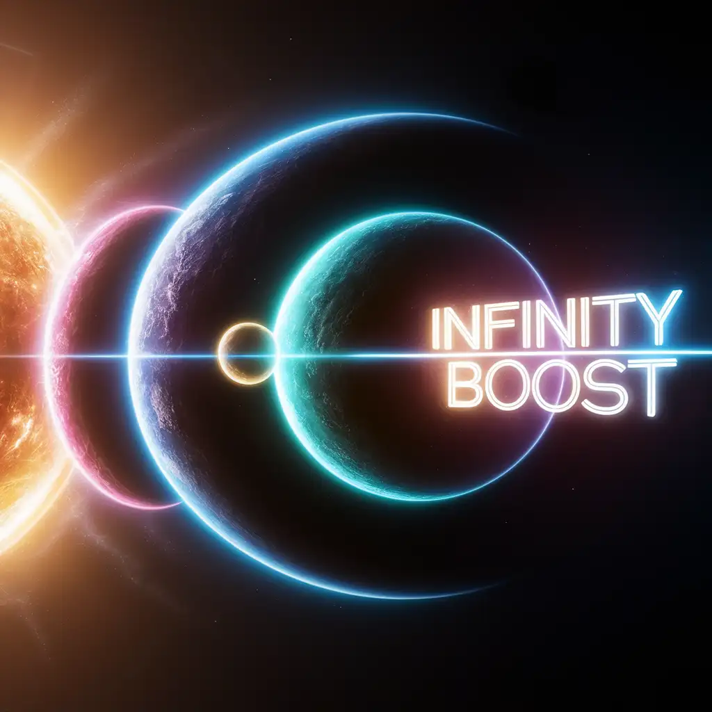 solar system, neon light "INFINITY BOOST" lettering.