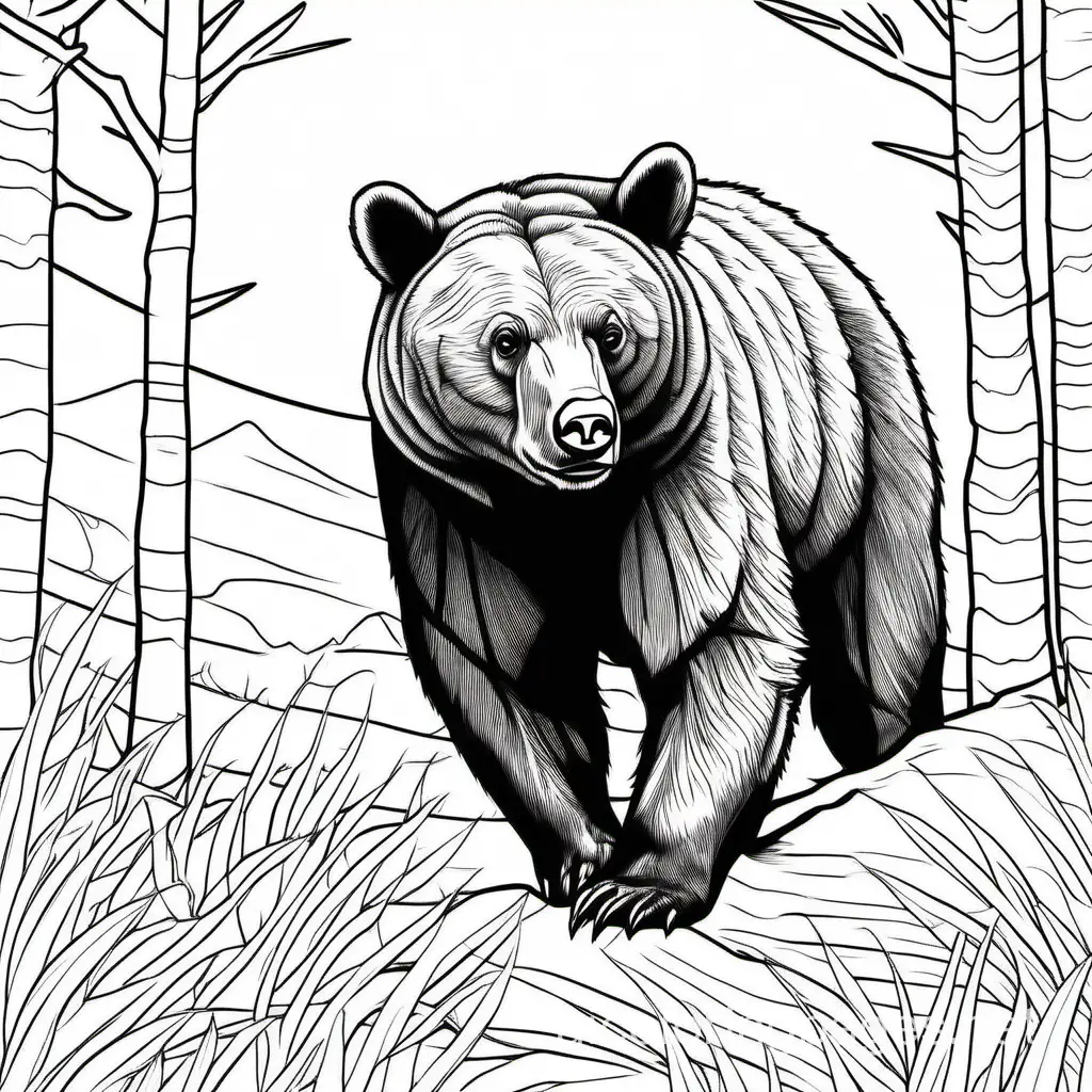 North American black bear, Coloring Page, black and white, line art, white background, Simplicity, Ample White Space. The background of the coloring page is plain white to make it easy for young children to color within the lines. The outlines of all the subjects are easy to distinguish, making it simple for kids to color without too much difficulty