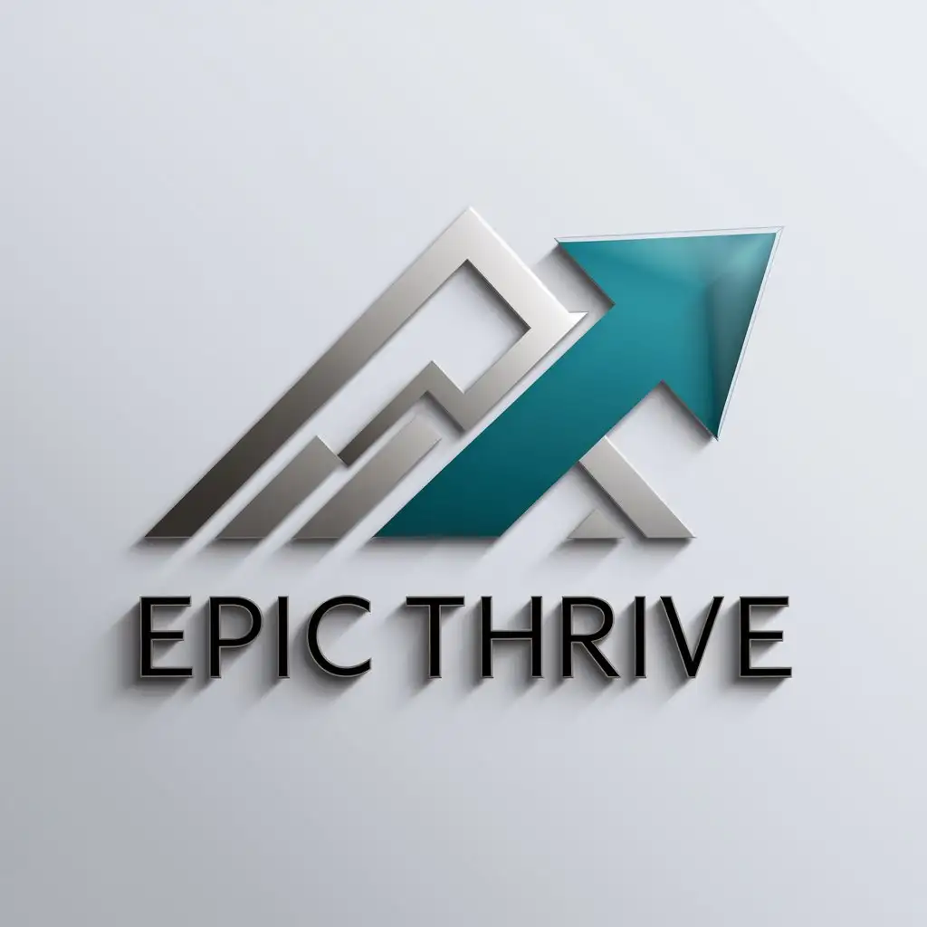 Create a flat vector, illustrative-style abstract concept logo design for a success-oriented service named 'Epic Thrive', featuring a stylized mountain peak within the negative space of a forward-moving arrow. Use shades of teal and silver to convey sophistication and aspiration against a white background. This symbol represents overcoming challenges and reaching new heights in one's personal and professional growth journey.