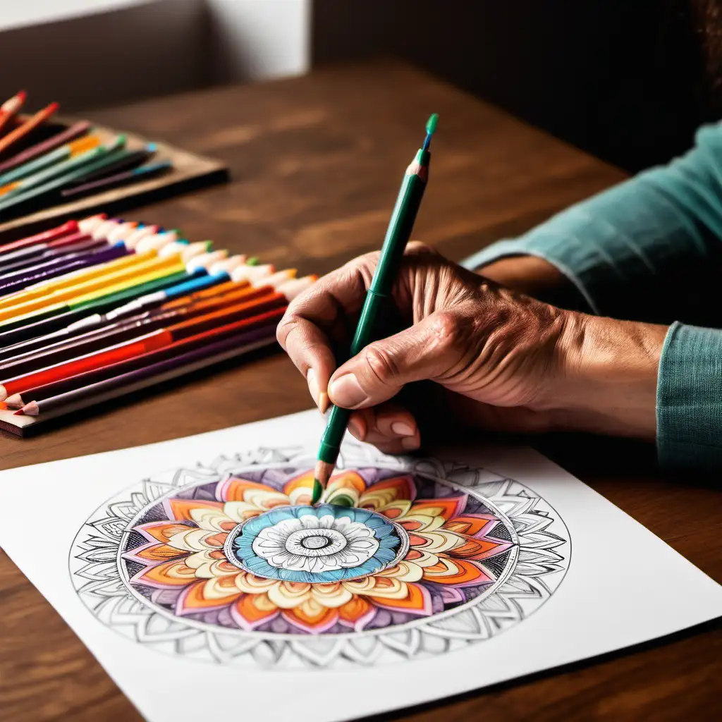 happy adult using coloring in mandala coloring book