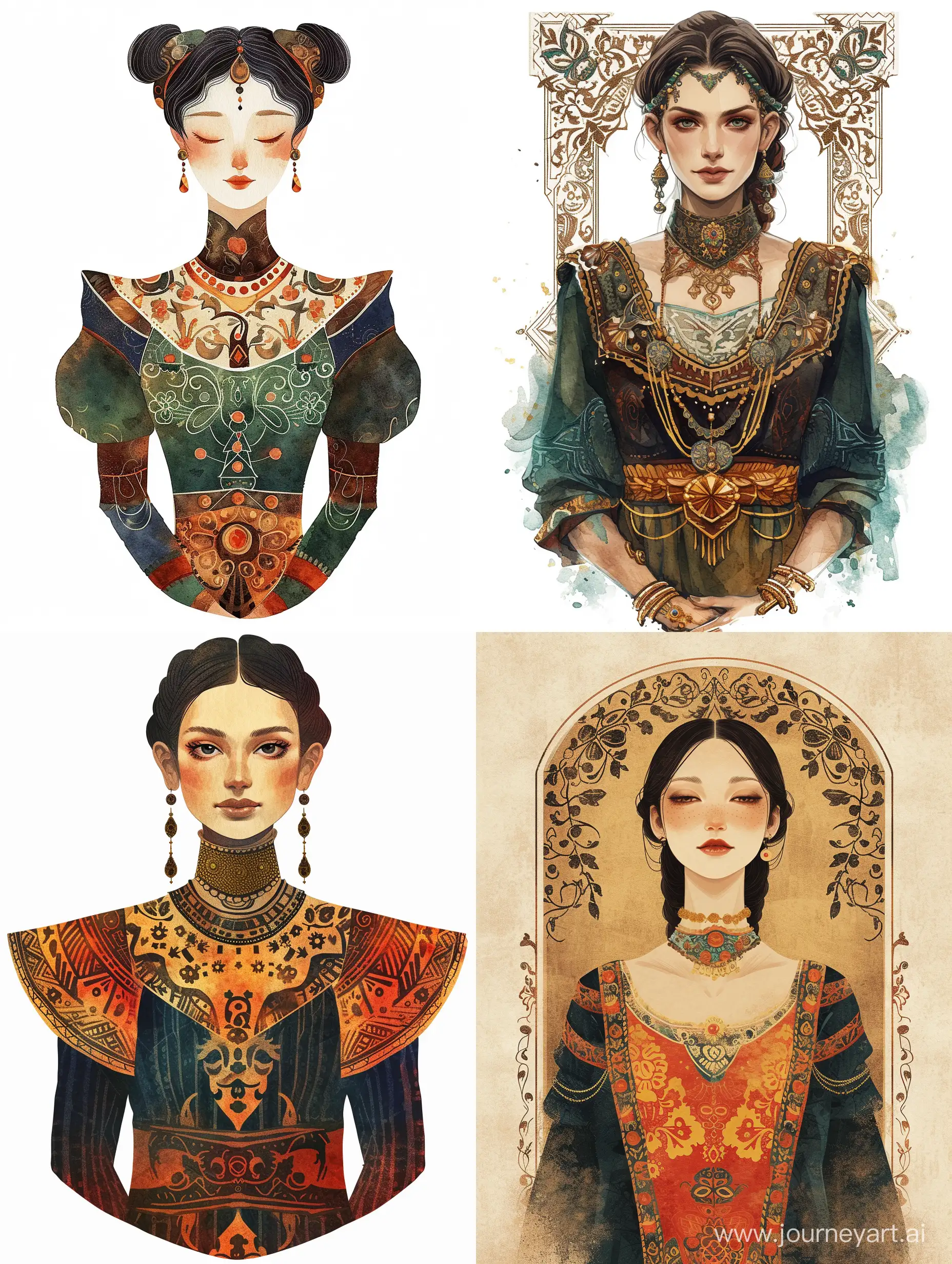 ornamental waist portrait of the ancient Queen of Bohemia, inreach clothes, with neck ornaments, watercolor style, detailed, decorative, flat illustration, Victor Ngai style