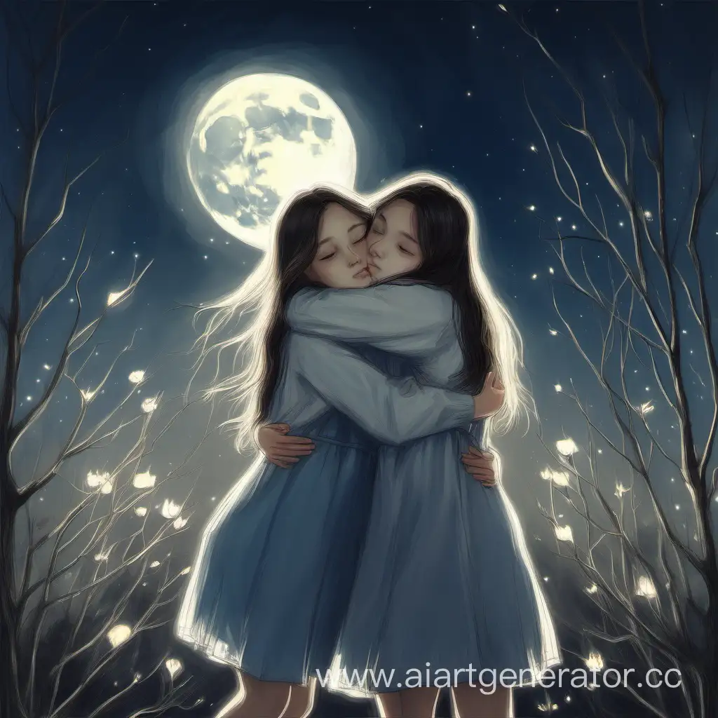 moon's light, two girls hugs