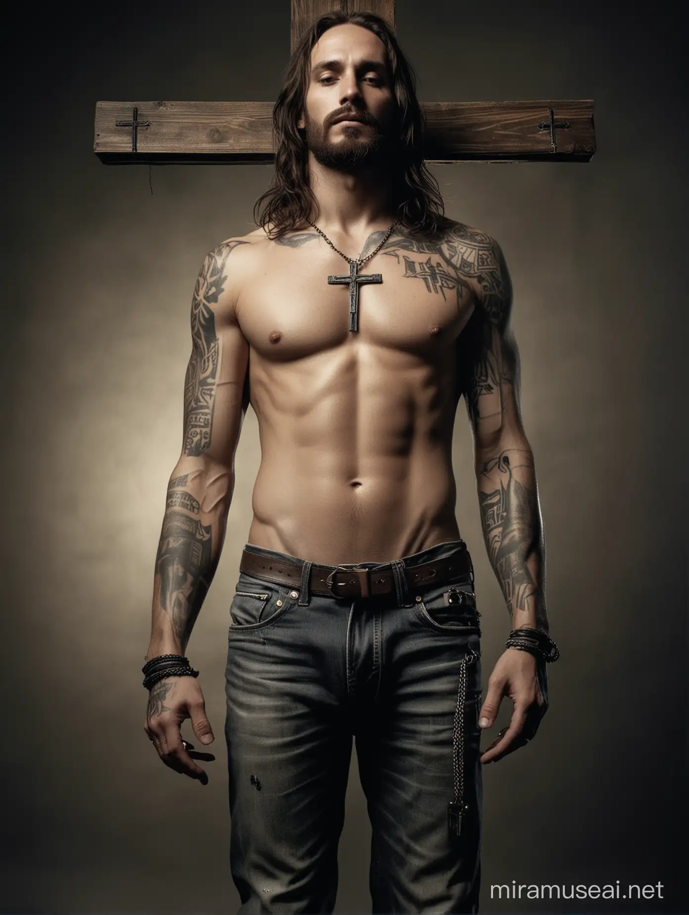 35mm photo of Jesus Christ topless wearing tight jeans, he is sexy and his body shows many Russian gang-style black ink tattoos, and he has a wooden crucifix hanging from his neck, the palms of his hands are bandaged with gauze wrap, cinematographic light, dramatic, beautiful,  high contrast lighting