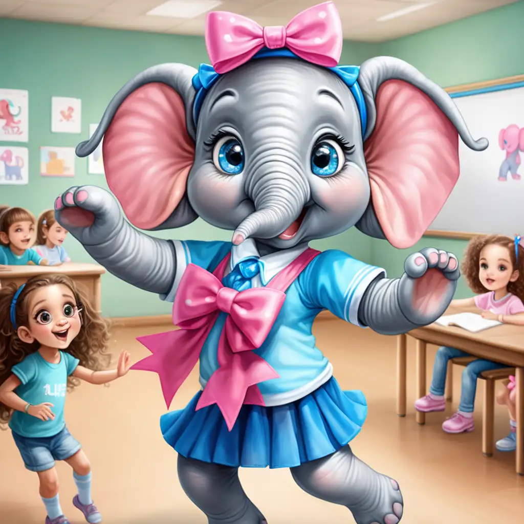girl elephant with cute big eyes wearing pink blue bow with long hair, dancing with children in class. 