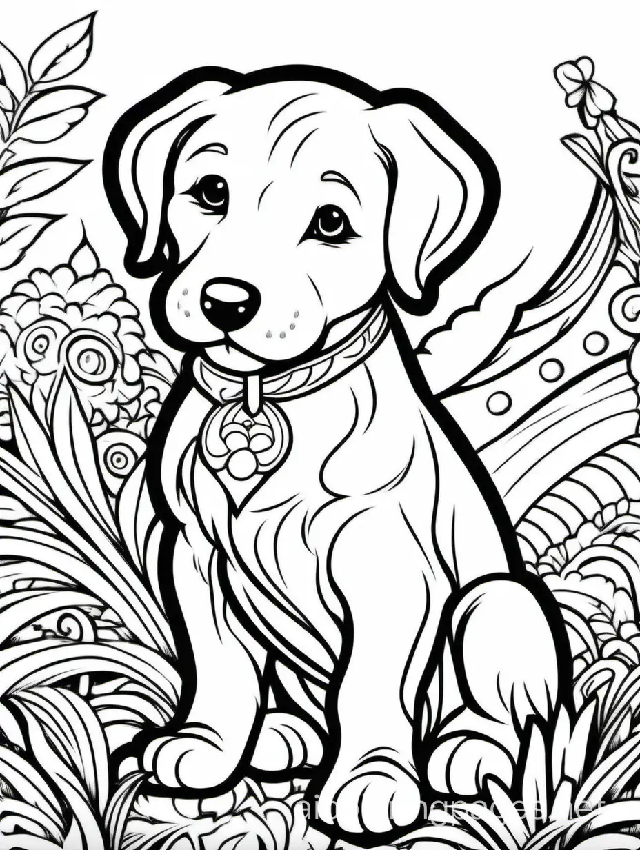 isolated puppy, fun, happy, majestic, elaborate, highly detailed, woodcut style, white background, fine art, masterpiece,, Coloring Page, black and white, line art, white background, Simplicity, Ample White Space. The background of the coloring page is plain white to make it easy for young children to color within the lines. The outlines of all the subjects are easy to distinguish, making it simple for kids to color without too much difficulty