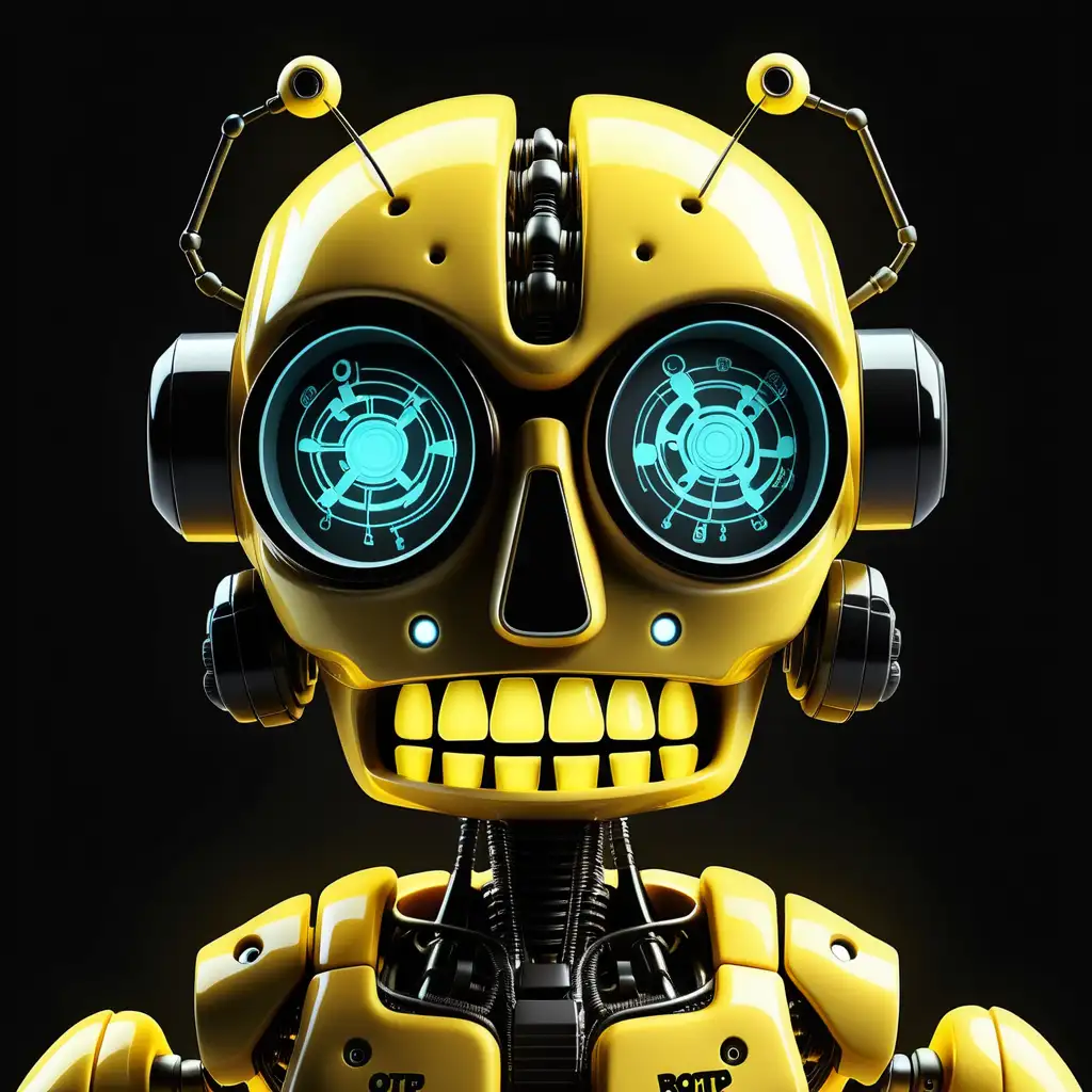 Жълто черен робот със светещ мозък да има надпис на екран 'BOTP"