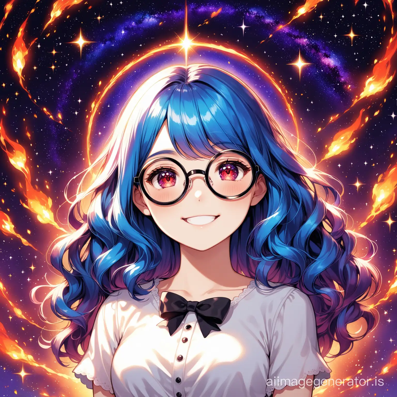 The girl with blue hair, her hair shining red, she has red eyes, wearing big round glasses, in a beautiful black and white dress, her hair slightly curly, with 2 cute white bows on her head, she's smiling, in the background there are a few sparks resembling fire, in the background there is a starry sky and the outline of another galaxy of purple color is visible