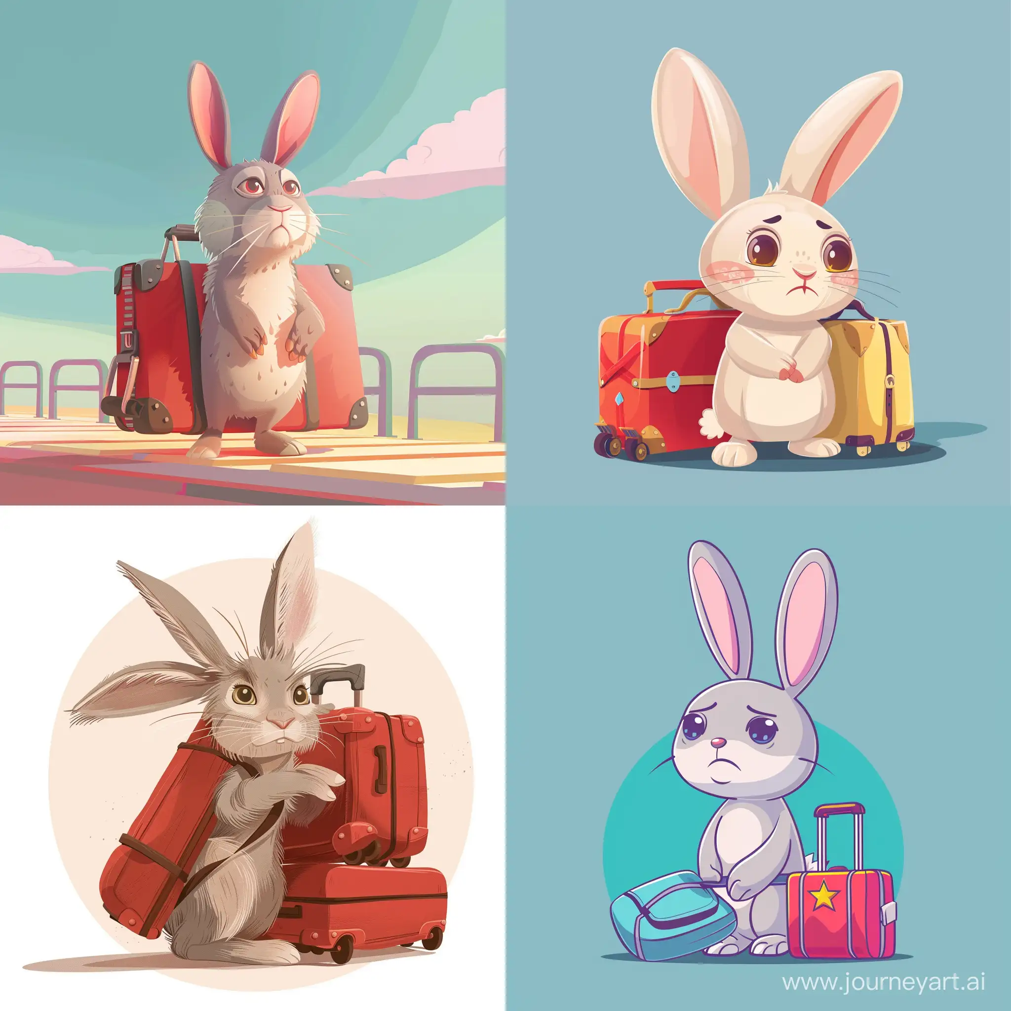a rabbit with baggage ready to leave, sad, cartoon, 2d, illustration, in high quality details of flat style