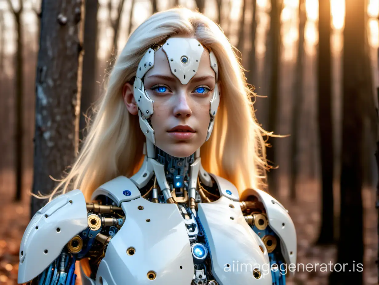 A female cyborg, white plastic shell, with visible components at the joints and waist.large detailed chest plate, Female human head 20 years old white Ukrainian with long blonde hair natural blue eyes and freckles. Standing in the woods at golden hour. Hightest detail face, highest detail eyes, highest detail skin, wide field of view. Photographed at golden hour