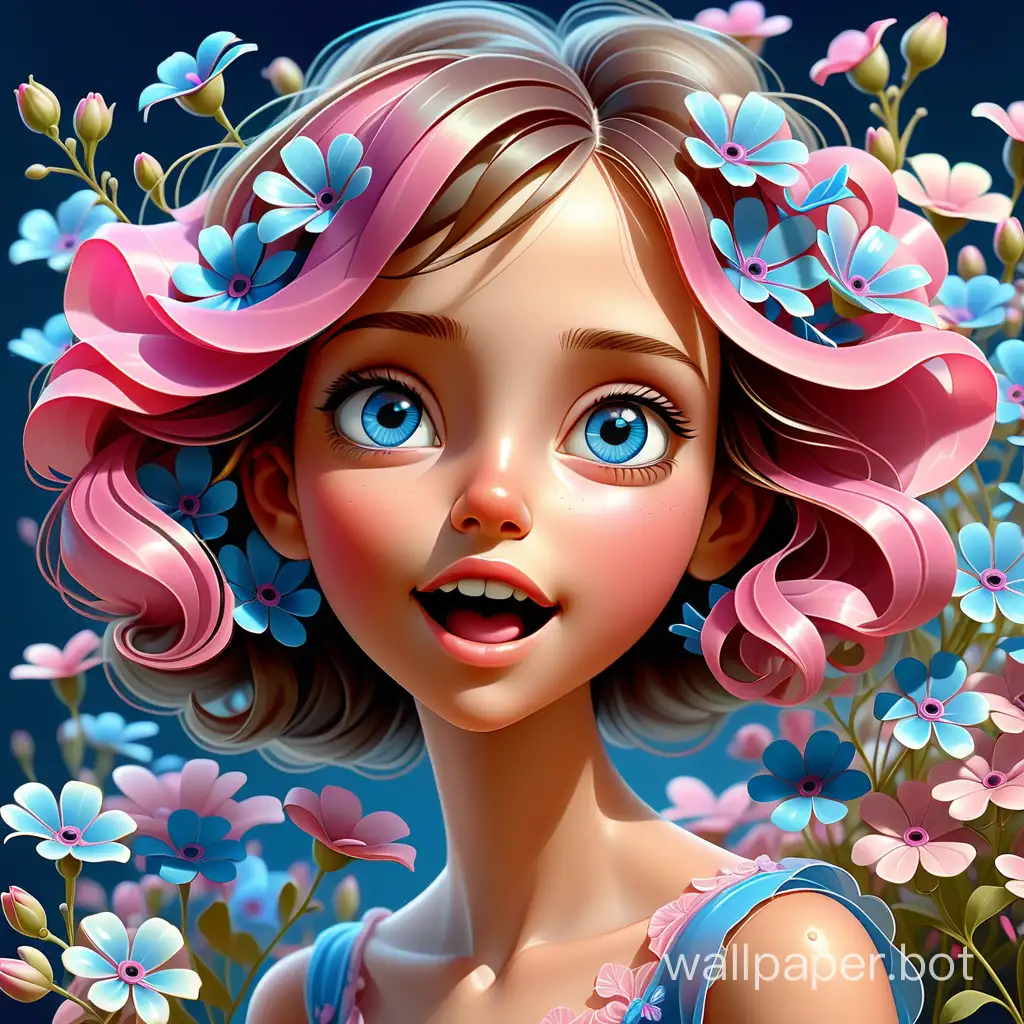 Bright  illustration of a lovely realistic girl in full length, closed mouth, dynamic, happy, detailed eyes, around her there are many detailed small blue and pink flowers with transparent thin delicate petals, delicate, fabulous, surreal, with intricate details, beautiful, romantic, mysterious, imitating the liveliness of Disney and magnificent oil paints. by Christian Riese Lassen, clarity, high quality, 4K