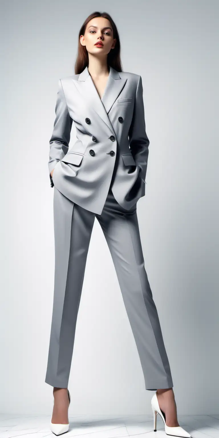 modern style suit, 2024 spring summer fashion, gray fabric, double-breasted jacket, regular fit trousers women's suit. fashion model, white background, high heels