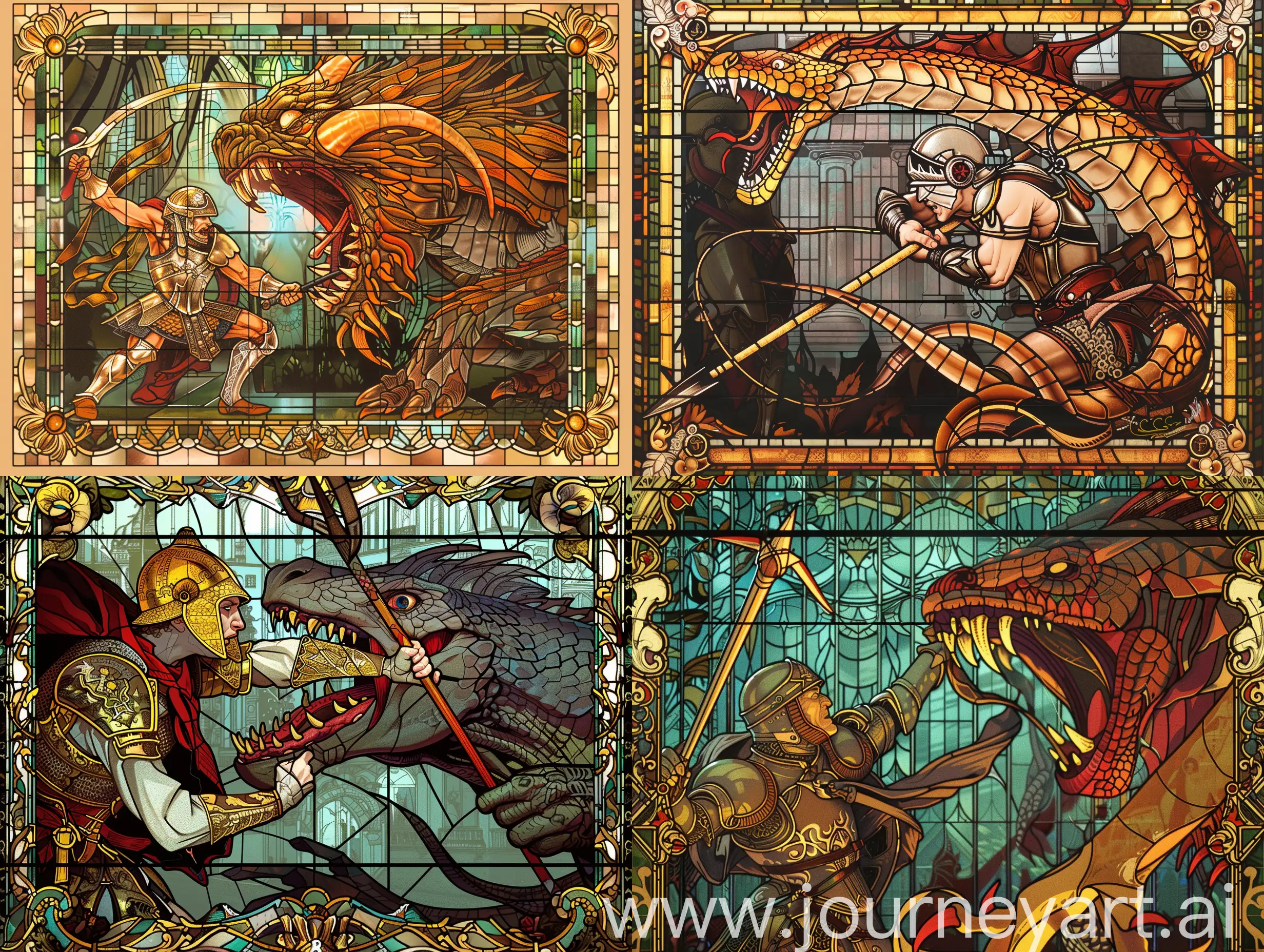stained glass window front kiev. An action scene. Art Nouveau style. a powerful warrior in armor, with a spear in his hands, attacks a huge scary monster with sharp teeth like a snake. Art Nouveau style, Alphonse Mucha style. high-quality anatomy. high detail. no errors. 8k
