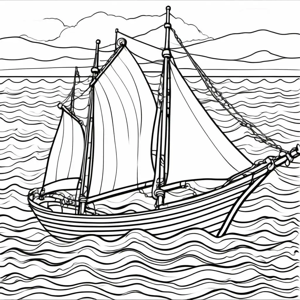 Boat Coloring Pages with Tranquil Water Background
