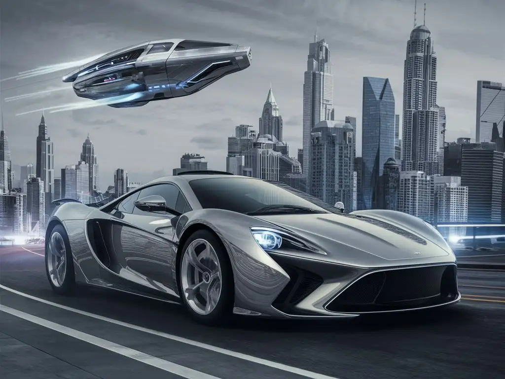 futuristic city with a supercar on the main street and a flying vehicle above it, front view