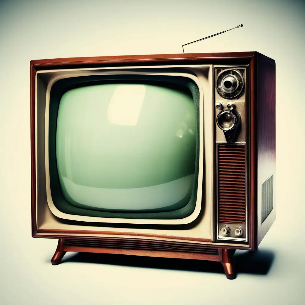 A vintage television against a white background, circa 1950, angled left, full color, photographic quality.