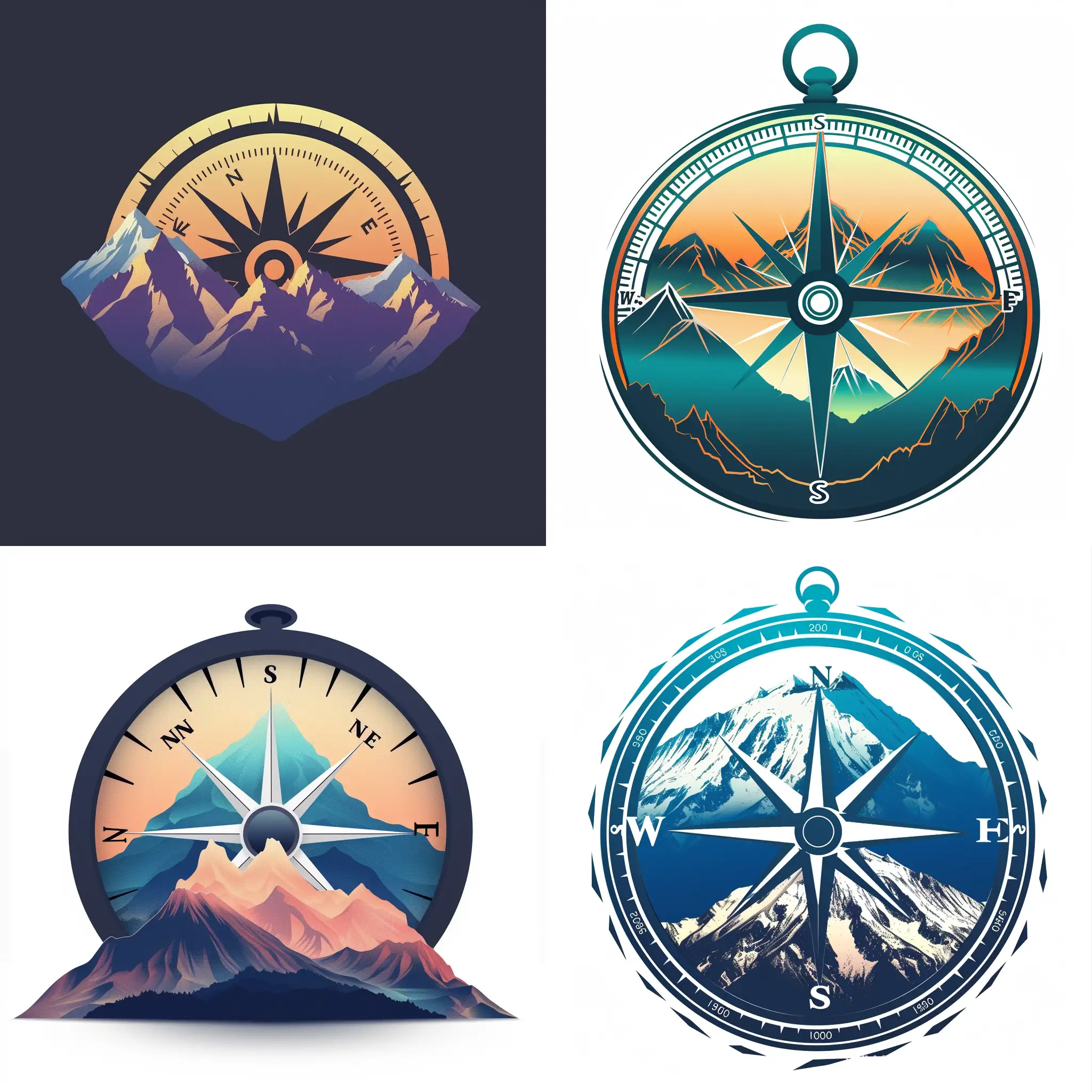 Keywords: Mountains, Compass, Growth Style: Silhouettes of iconic Indonesian mountains integrated with a compass, symbolizing growth and exploration. Media: Utilize gradients to capture the majestic feel of mountains.
