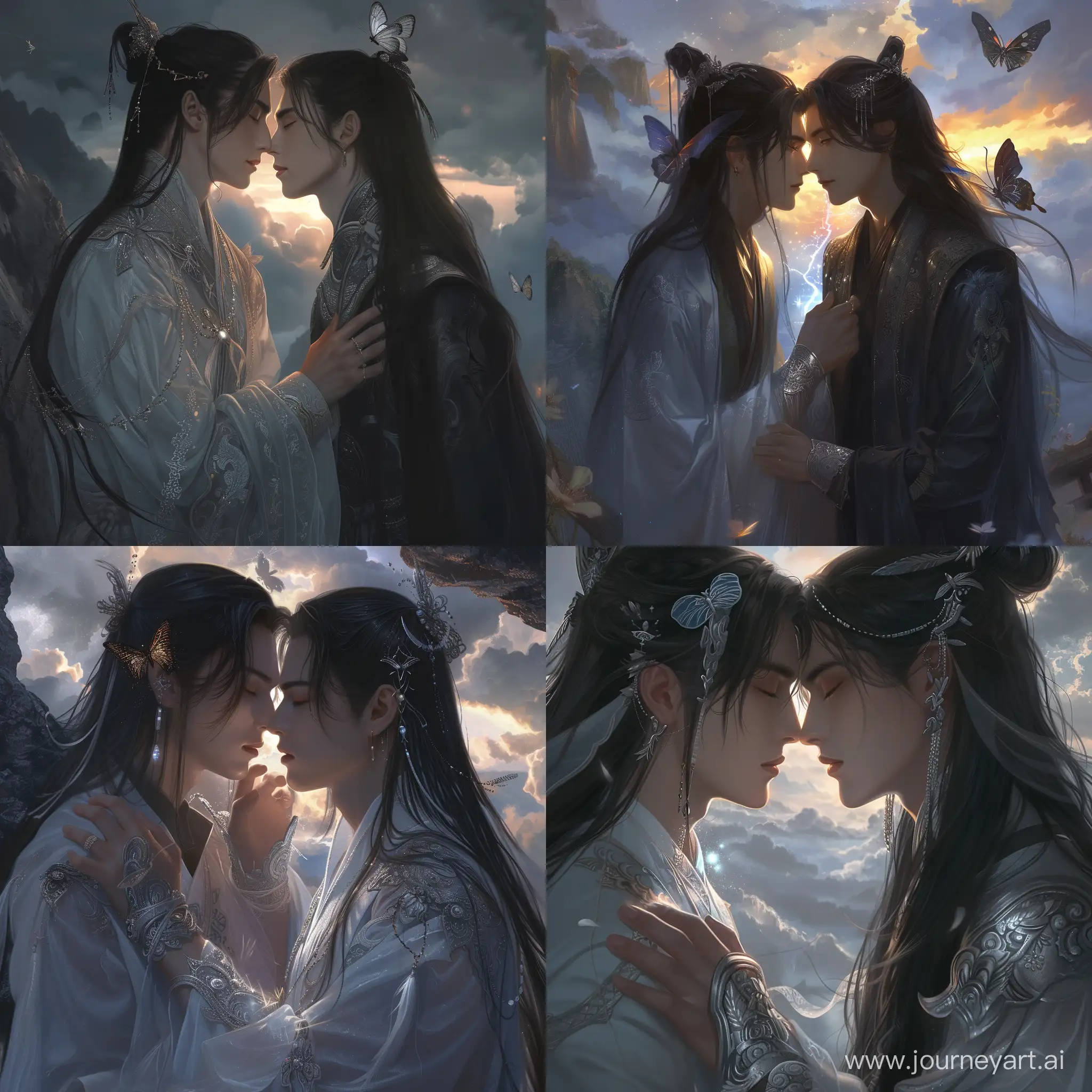 butterfly jewlery, two men almost kissing, danmei artstyle, semi realistic art, beautiful scenary cloud architecture, asian fantasy background, clothing robe fantasy, magical glow, delicate vambraces, silver jewel, long luxurious black hair, perspective, source of light, detailed